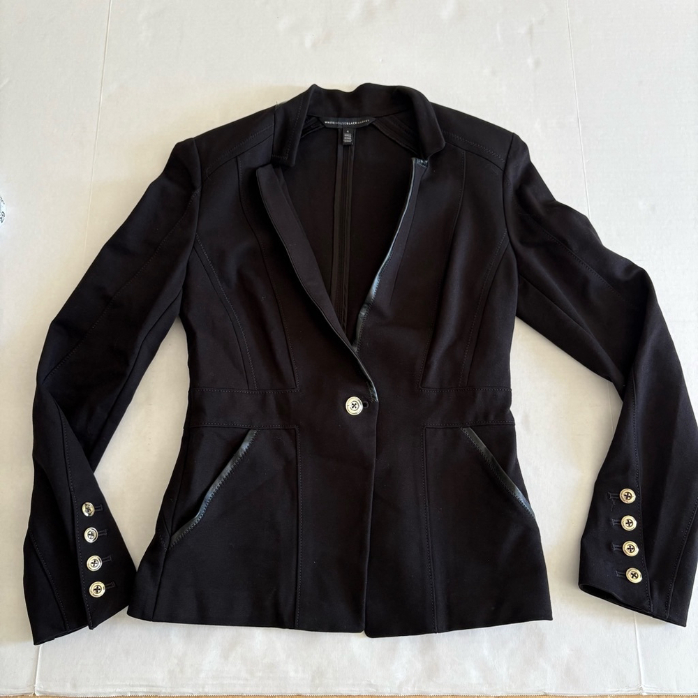 White House Black Market one button Ponte faux leather trim Blazer Size 4 Black